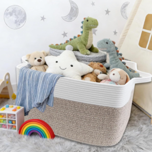 Foldable Woven Laundry Storage Basket with Handles for Blankets and Toys