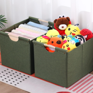 Linen Fabric Storage Bin with Wooden Handles