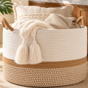 Large cotton rope woven storage basket, blanket storage basket with handle